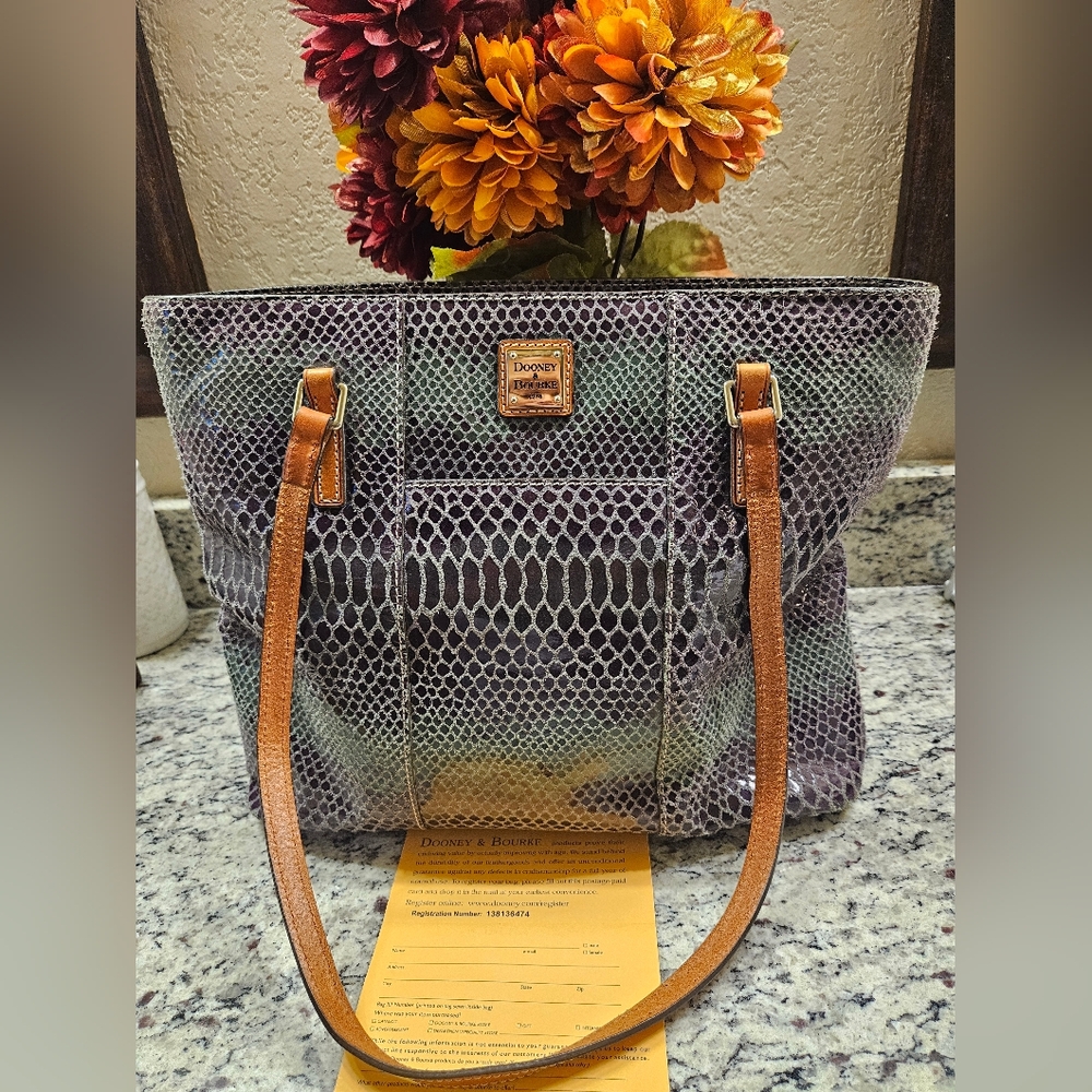 Dooney & Bourke Snakeskin Pattern Tote with Tan Straps
